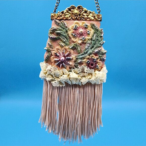 Victorian Purse Ornament Pink Beaded Lace Fringe Vintage Style Christmas v2 - Picture 5 of 10